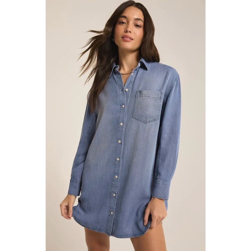 Z SUPPLY Dover Shirt Dress Chambray Tencel Blue Size Large Mini Button Up Travel